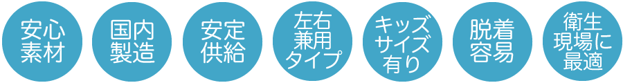 安心素材・国内製造・安定供給・左右兼用タイプ・キッズサイズあり・脱着容易・衛生現場に最適